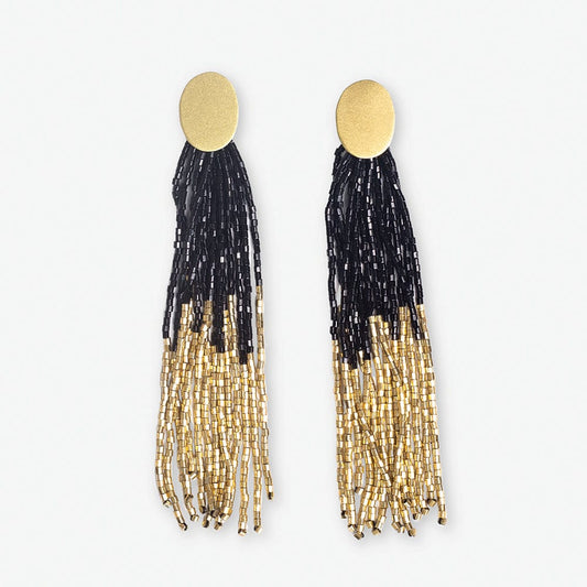 Mae Earrings - Black & Gold Beaded Tassel