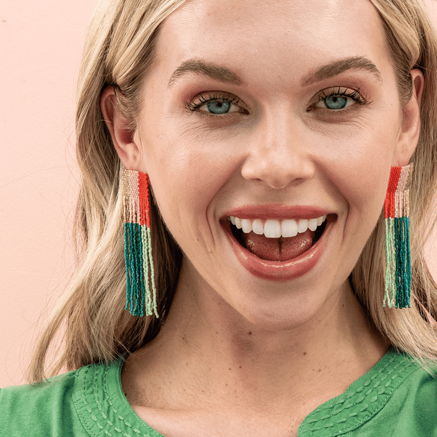 Belle Earrings - Vertical Color Block Teal & Poppy