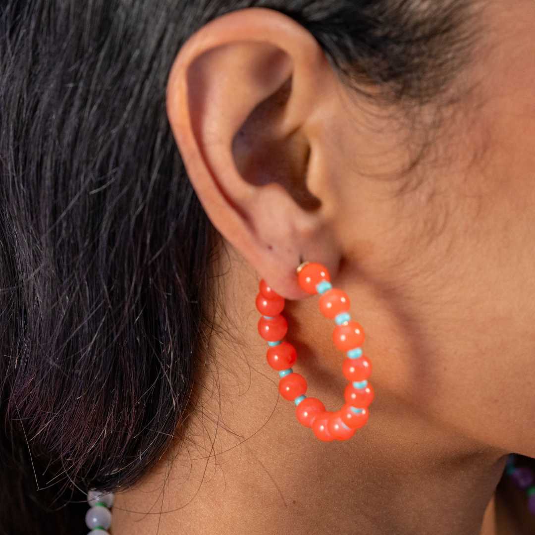 Angela Beaded Hoop Earrings - Coral