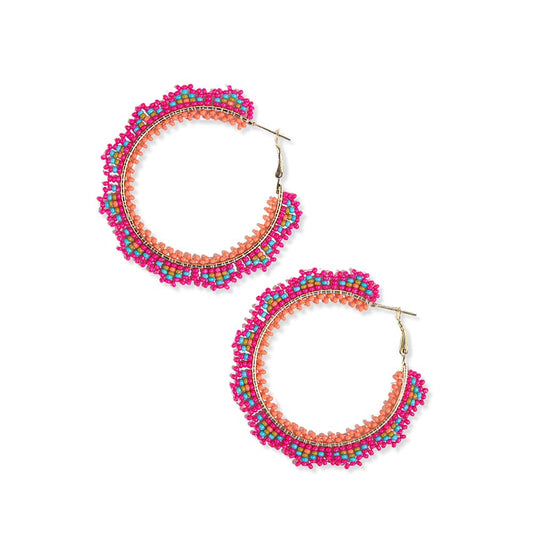 Eve Crochet Beaded Hoop Earrings - Hot Pink